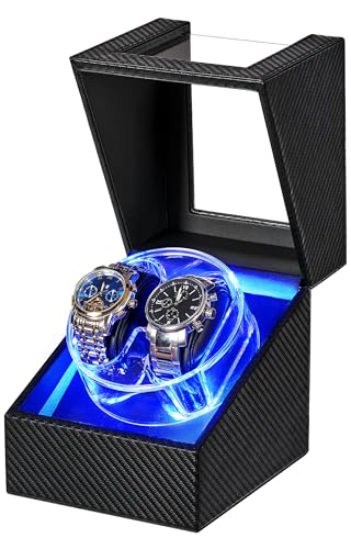 ANWBROAD Uhrenbeweger für Automatikuhren, 4 Modi, Doppelte Automatikuhren-Bewegungsbox mit LED-Kristalldesign, drehbares Uhrengehäuse mit superleisem Motor und Typ-C-Adapter, JWW007C