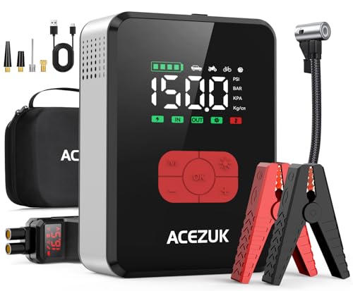 ACEZUK 7000A Starthilfe Powerbank für Pkw mit Kompressor 150PSI 12V Starthilfe Batteriepack (All Gas/12L Diesel), Autobatterie Starter mit Tragbaren Starthilfekabeln, LED-Leuchten