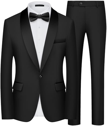 QUELDRA Anzug Herren Slim Fit 2 Teilig, Moderner Smoking mit Schalkragen, Eleganter Herrenanzug für Hochzeit Business Party, Einknopf-Sakko und Anzughose Set Schwarz M