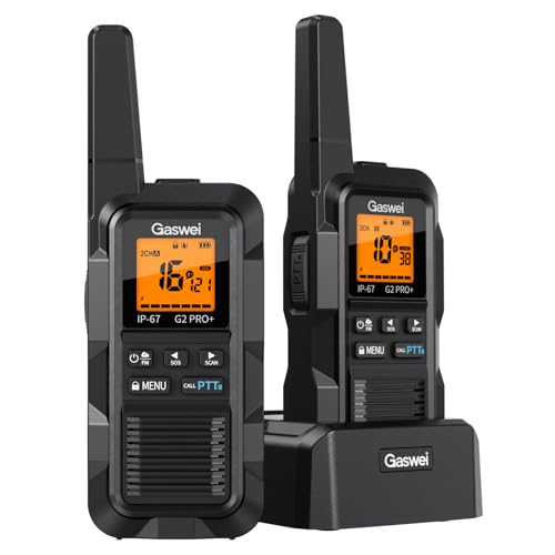 Gaswei G2Pro Professionelle Walkie-Talkies für Erwachsene [IP67 wasserdicht & schwimmfähig] Langstrecken-Funkgerät mit Doppel-PTT, VOX,SOS-Alarm,FM-Radio + Akku für Outdoor, (​2er-Set in Schwarz)
