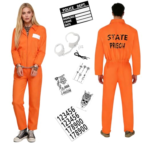 Shengou Gefängnis Kostüm Orange Herren Damen, Prisoner Costume Overall mit Sträfling Accessoires, Knast Kostüm Herren, Verbrecher Männer für Erwachsene Cosplay Halloween Karneval Costume