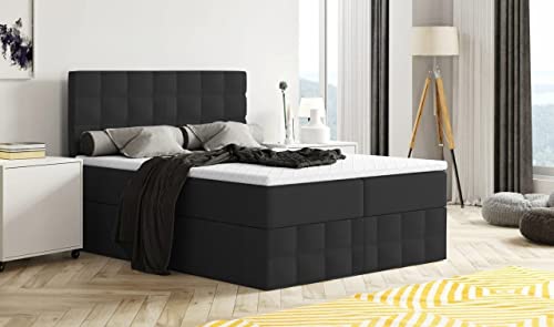 Moderne Boxspringbett MERA Premium Bett mit Bettkasten Ziernähten Bonell Matratze H3 Federkern Topper Polsterbett Doppelbett Schlafzimmer (Schwarz - Aura 18, 180 x 200)