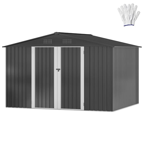DWVO Metall Gerätehaus 10x8 Fuß (ca. 292x225x194 cm), wasserdichter Gartenschuppen mit abschließbarer Tür & Belüftung, Stabiler Werkzeugschuppen für Fahrräder, Rasenmäher & Gartengeräte –Dunkelgrau