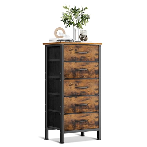Coleshome Schmale Kommode mit Schubladen mit Stoffschublade, Kleine Kommode mit 5 Schubladen, Geeignet für Schlafzimmer und Wohnzimmer, Stabiler Stahlrahmen Holzplatte, 40 x 30 x 80cm, Vintage