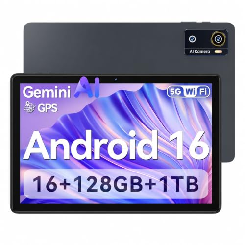 Tablet 10 Zoll Android 16 Octa-Core Tablet 16GB RAM + 128GB Tablets mit Tastatur Maus & Stift Gesichtsentsperrung 1280x800 HD 7000mAh WiFi 5 Bluetooth 5.4 GMS 1TB Erweiterung 8MP + 13MP Kamera