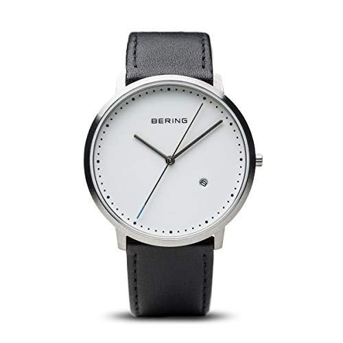 BERING Unisex Quarz Uhr | Armbanduhr 39 mm silbernes Edelstahlgehäuse und weißes Zifferblatt | Kalbslederarmband | Saphierglas | 3 ATM | 11139-404