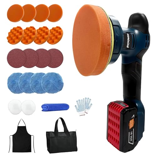bycpower Poliermaschine Akku 150mm für Bosch Professional 18V, 6 Zoll Exzenter Polierer mit 3 Gängen (550-6000 U/min), 21-tlg. Auto Polierset für großflächige Autopflege & Lackkorrektur (Ohne Akku)
