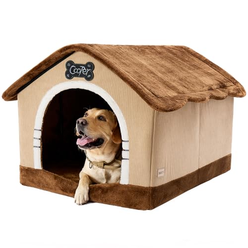 Jiupety Hundehöhle Hundehütte Indoor mit Rahmen, Gemütliche Hundehaus für Drinnen, Hundebett mit Dach für 27-45 kg, 3XL Größe 97x76x71 cm, Brown