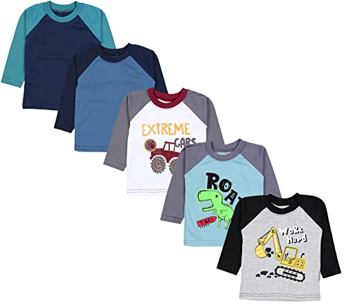 TupTam Baby Jungen Langarmshirt 5er Set, Farbe: Bagger Monster Tuck Dino Grau Blau Grün, Größe: 98