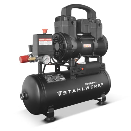 STAHLWERK Kompressor mit 9 L Tank (ST-98 Pro) – ölfrei & leise, 8 bar, 1,22 PS (0,9 kW), 170 l/min, 65 dB, Druckluftkompressor mit Brushless-Motoren, Silent-/Flüsterkompressor, Kolbenkompressor