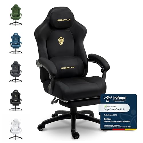 Dowinx Gaming Stuhl Ergonomisch mit Verstellbarem Massage-Lendenkissen, Mikrofaser-Velours, Dickes Sitzpolster, Ausziehbarer Fußstütze, Armlehnen Verstellbar, 160° Neigbar, Hellschwarz