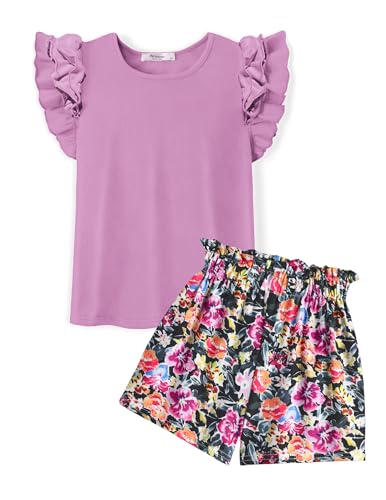 Arshiner Mädchen Tshirt mit Shorts Set Kinder Baumwolle Bekleidungssets Lila Sommer Outfit Rundhals Kinder Casual Zweiteiliges Mode Kleidung Set für Mädchen 6-7 Jahre