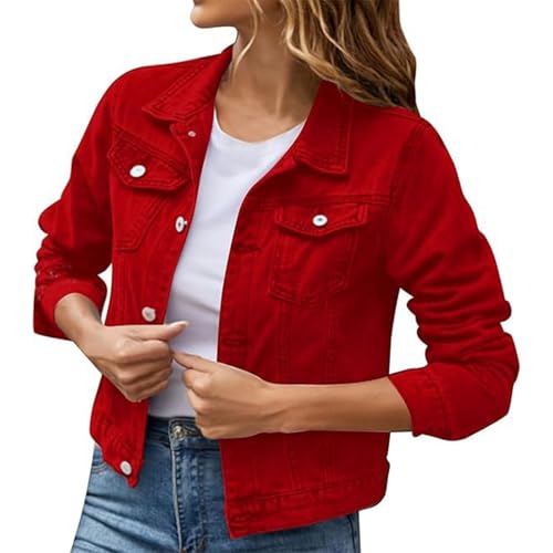 Damen-Jacken Jeansjacke Damen Kurz mit Tasche | Button Down Denim Jean Jacke Übergangsjacke Langarm Streetwear Freizeitjacke Sweatjacke XL A Red