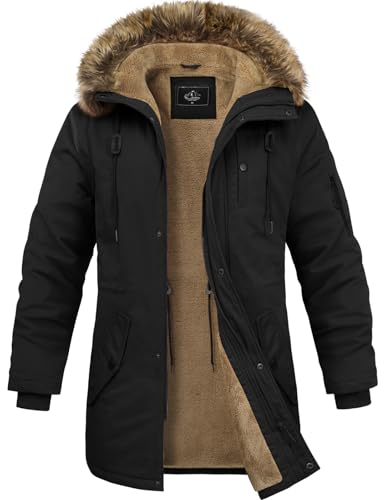 Lonya Winterjacke Herren Fleece Winterparka Warm Gefüttert Wintermantel Mit Kapuze Winddicht Lang Mantel Outdoor Parka Jacke für Männer, Schwarz, L