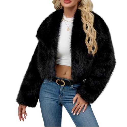 Generisch Damen Kunstpelz Mantel Kurzer Felljacke Faux Pelz Winterjacke Kunstfell Einfarbig Dicker Parka Wintermantel Übergangsjacke Schwarz M