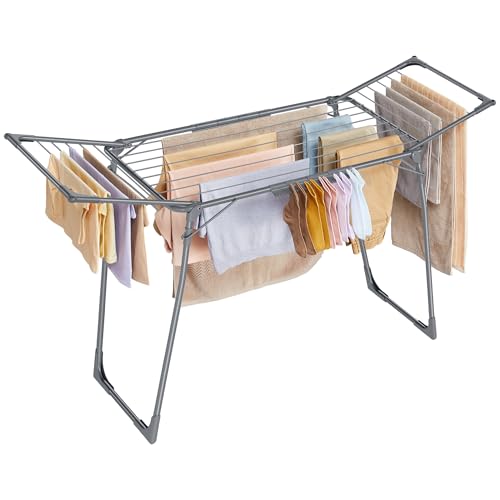 SONGMICS Wäscheständer, Standtrockner 52,5 x 173 x 96,5 cm, Flügelwäscheständer, Flügelwäschetrockner platzsparend, mit Sockenhalter, Metall, für Kleidung, Handtücher, Wäsche, grau LLR518G01