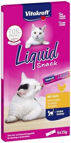 Vitakraft Liquid Snack, Katzen Leckerli, Katzensnack cremig, mit Huhn und Taurin, in einzelnen Sachets, unterstützt die Augen und das Herz (1 Paket mit 6x 15g)