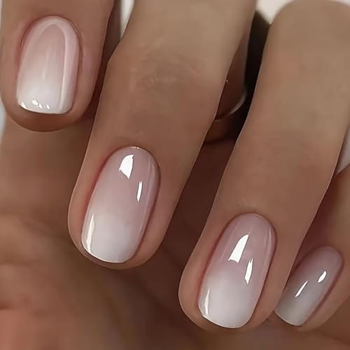 Ceboic 24 Stück Künstliche Nägel Kurz Eckig, French Press on Nails Rosa Weiß Farbverlauf Nägel Zum Aufkleben, Acryl Vollabdeckung Falsche Nägel, Natürliche Fake Nails Kunstnägel für Frauen und Mädchen