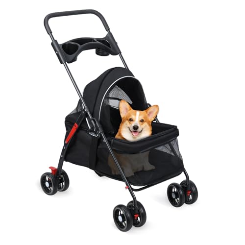Hundebuggy bis 15 kg Klappbar – Faltbarer Hundewagen mit Netzfenster, Bremsen & Getränkehalter – Katzenwagen für Kleine Hunde und Katzen