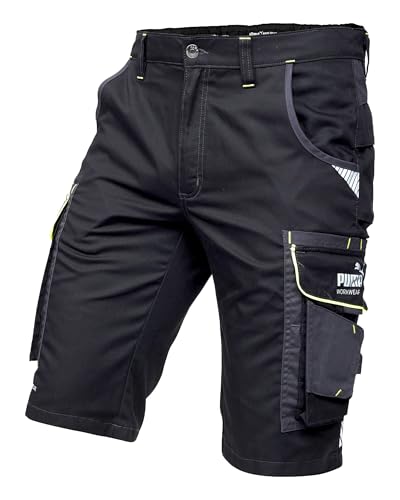 PUMA Workwear Precision X - Kurze Arbeitshose Herren - Robuste & Flexible Arbeitsshorts - Viele Taschen und Bequeme Passform - Ideal für Handwerk Heimwerk und Baugewerbe - Schwarz/Neon - Gr. 52