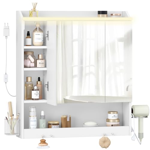 HEXCELEN 70 cm Spiegelschrank Bad, Badezimmerschrank mit Spiegel, Wandschrank mit 3 Türen, Verstellbarer Etagen, mit Haken, für Badezimmer, 15 x 70 x 78,8 cm, Weiß