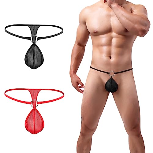 String Tanga Sexy Herren G-String mit O-ring Mini Slips Mesh Thong Erotisch Dessous Ouvert Höschen T-Back Mankini Männer Erotik Unterwäsche Offener Schritt Unterhose Abend Reizwäsche (Schwarz+Rot)