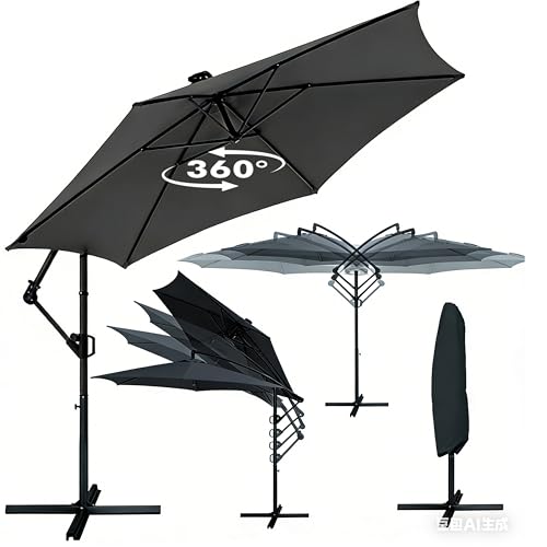 Deuline® ALU Ø300 cm 360 Grad drehbare Ampelschirm Sonnenschirm mit Schutzhülle und Ständer UV-Schutz Wasserabweisende Bespannung Gartenschirm Marktschirm Mallorca-Elite 521815