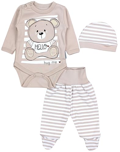 TupTam Baby Mädchen Jungen Bekleidungsset Langarmbody Hose Mütze mit Aufdruck Spruch 3 teilig, Farbe: Teddybär Beige, Größe: 50