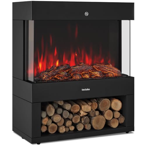 tectake® Elektrokamin mit 2 Heizstufen 900W/1800W, elektrischer Kamin mit 3D-Flammeneffekt, Glut und Holz, Kaminfeuer, Elektro Kamin Deko mit Thermostat, Kippschutz und Überhitzungsschutz, schwarz