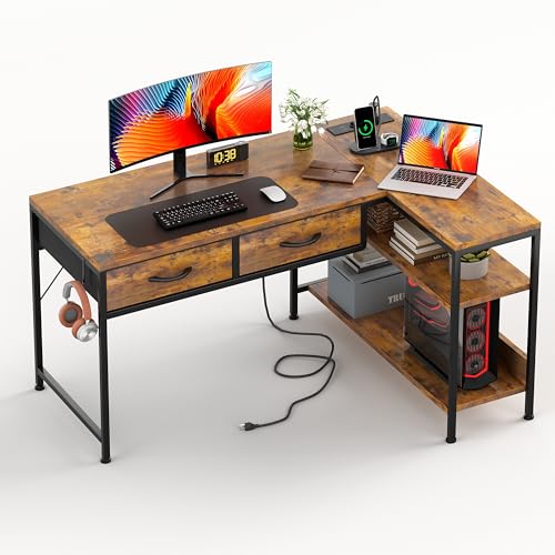 CAIYUN L-förmiger Schreibtisch mit Steckdosen, 100 x 60 cm, Reversibel Gaming Tisch Kleiner Computertisch mit 2 Schubladen, Eckschreibtisch für Büro und Homeoffice, Retro-Braun