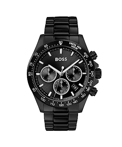 BOSS Chronograph Quarz Uhr für Herren mit Schwarzes Edelstahlarmband, Schwarz, One Size