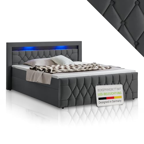 Juskys Boxspringbett Leona 180x200 cm - Bett mit LED Beleuchtung, Topper & H4 Federkern Matratzen - Doppelbett Grau mit Samt und Steppung