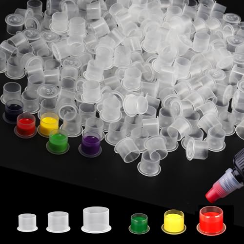 Tattoo Ink Cups mit Base – TONBAO 300 Stück Tintenbecher Gemischte #11 Klein #14 Mittel #17 Groß Kunststoff Pigment Cup Tattoo Zubehör