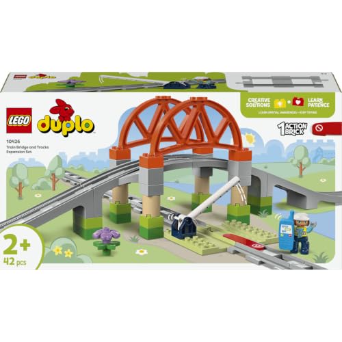 LEGO DUPLO Eisenbahnbrücke und Schienen – Erweiterungsset 10426 | Spielzeug ab 2 Jahren für Jungen & Mädchen, Erweiterungsset mit 8 Gleisstücke, Brücke, Schranke, Geschenk, 42 Teile