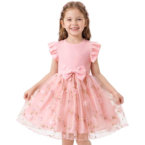 JinBei Kleider Mädchen Tüllkleider Rippstrick Oberteil, 5-6 Jahre, Rosa