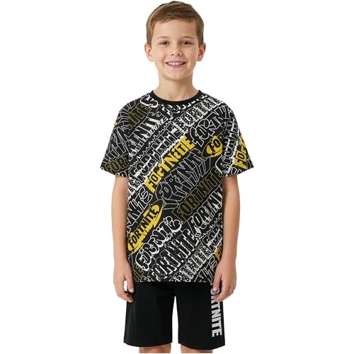 Fortnite Pyjama Jungen 7-14 Jahre, 2-Teilig Kurz Schlafanzug Kinder mit Kurzarm T-Shirt, Baumwolle Sommer Nachtwäsche, Geschenke für Kinder (11-12 Jahre, Schwarz/Gelb, 1 Pack)