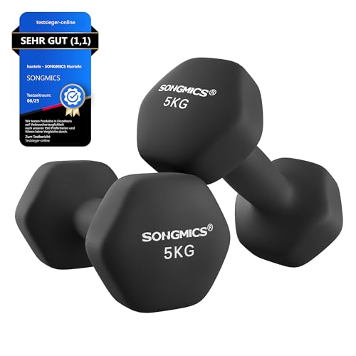 SONGMICS Hanteln, 2er Set, 2 x 5 kg, Hantelset, Kurzhanteln, Hexagon, Neopren-Beschichtung, Krafttraining, Workout, Fitnesstraining, für Zuhause, tintenschwarz SYL60BK