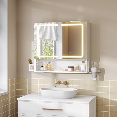 FORABAMB Spiegelschrank Bad mit LED-Beleuchtung & Steckdose, Doppeltür Badezimmerschrank mit verstellbarer Ablage, Badezimmer Spiegelschrank mit HD-Spiegel, 3 Farbtemperatur dimmbare, 60×16×60 cm,Weiß