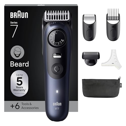 Braun Barttrimmer Series 7, Elektrischer Bartschneider Herren mit 6 Zubehörteile, Ultrascharfe ProBlade Klinge, 120 Min Akkulaufzeit, Kabelloser Bartrasierer, 40 Längen, Wasserdicht, BT7520, Blau