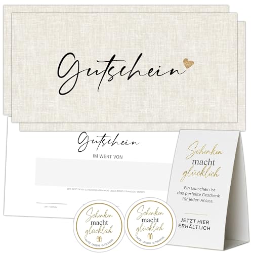 Eummel Gutscheinkarten zum Selbstausfüllen (50er Set, DIN Lang) | Blanko Gutschein zum Ausfüllen als Vorlage | Inklusiv Aufsteller und Aufkleber | Gutscheinvorlagen Neutral und Edel