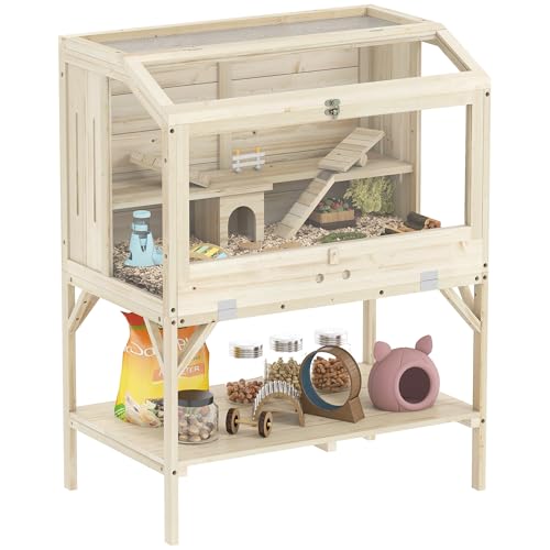 PawHut Hamsterkäfig aus Holz 2 Etagen mit unterem Ablagefach, zu öffnendem Deckel, Tablett, Wippen, Rampe, Nagarium, Kleintierkäfig mit Hütte, 84 x 53 x 110 cm, Natur