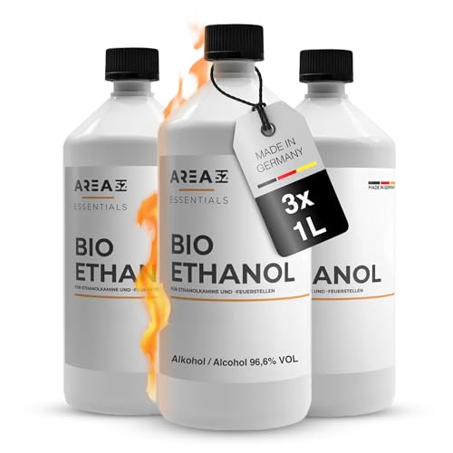 Area52 – Bioethanol 3x1L Set Ethanol – Reiner Ethylalkohol mit 96,6% Reinheitsgrad – Für Ethanolkamine, Tischkamine & Bioethanol-Feuerstellen – Geruchslos & rußfrei – Für Indoor & Outdoor (3 x 1L)