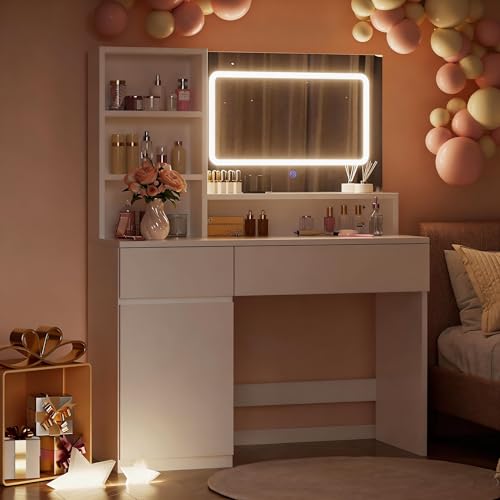 Airfish Schminktisch mit LED-Beleuchtung, 3 Farben Einstellbarer Helligkeitund, Frisiertisch mit Spiegel, 2 Schubladen, 4 Fächer & Schrank, für Schlafzimmer, Weiß