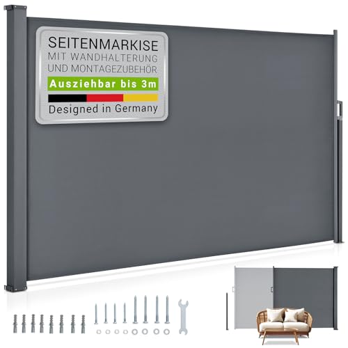 Juskys Seitenmarkise Dubai 160 x 300 cm ausziehbar Blickdicht, Sichtschutz für Balkon & Terrasse, Seitenrollo mit Wandhalterung - grau