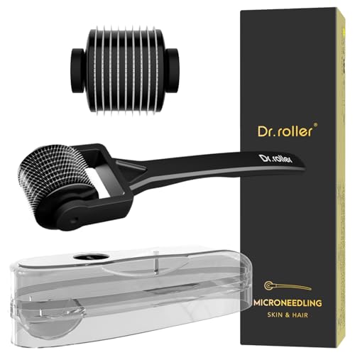 Dr.roller Derma Roller 1mm, Bartroller Bartwuchs, Microneedling Derma Roller für Haare Gesicht, Bart Roller mit 540 Titan Needling für Haar Kopfhaut Körper (Mattschwarz Gerader Griff)