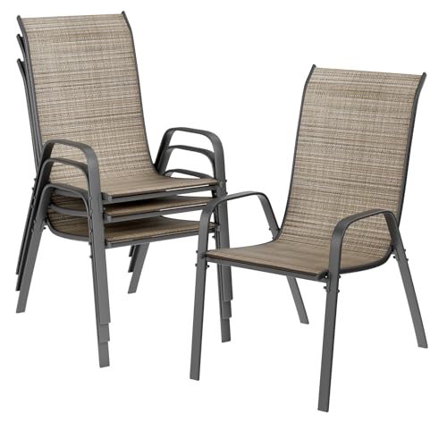 LIFERUN Gartenstühle Stapelstuhl Camping Stapelbar Hochlehner Terrassenstuhl Textilene Stahlgestell für Gärten Innenhöfe Balkone Restaurants 150 kg Belastbar 54 x 69 x 93cm (4pcs, Flachsbraun)
