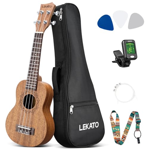 LEKATO Sopran Ukulele aus Sapeli 21 Zoll Anfänger-Set mit Gigbag/Stimmgerät/Gurt/Picks/Saiten - Hawaii 4-saitige Soprano-Ukulele für Anfänger Echtes Holz Uke Geschenk (Dunkelbraun, 21 Zoll)