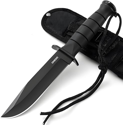 Omesio Messer outdoor, Survival Messer Überlebensmesser, Fahrtenmesser mit feststehender Klinge, feststehendes Messer Schwarz