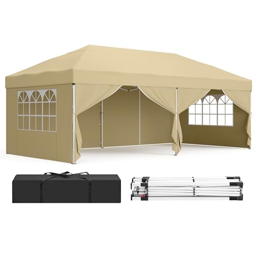 SONGMICS Pavillon, 3 x 6 m mit Seitenwänden, Faltpavillon, Gartenpavillon, Partyzelt, Sonnenschutz, Leichter Regenschutz, tragbar, für Hof, Garten, Markt, Party, beige GCT204LZ01