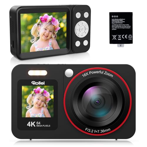 Rollei Compactline 64 Dual Screen Digitalkamera, 64MP 4K Fotoapparat mit Dual Display Kompaktes Fotokamera mit 18X Digitalem Zoom für Kinder Anfänger Schwarz, Digital-Kamera-Kompaktkamera-Fotoapparat